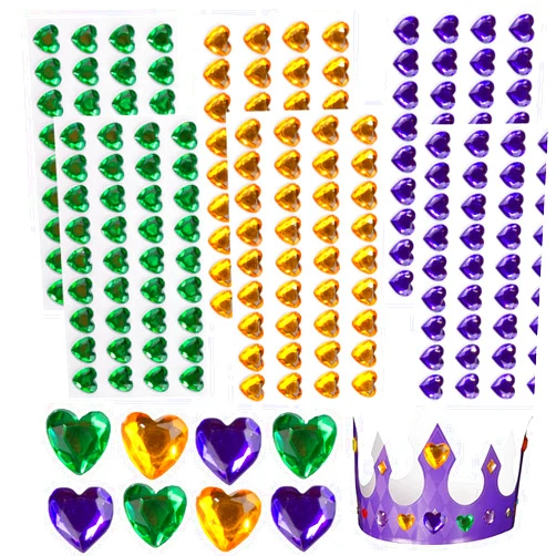 Eyigylyo 216 Pieces Heart Rhinestones, Acrylic Flat Back Gem Stickers for Mardi Gras Crafts, 0.5inch, 6 Sheets Self Adhesive in Red, Gold, Green, Purple