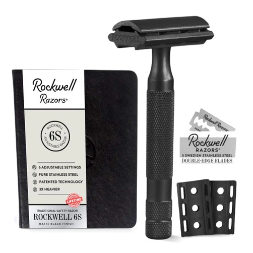 Rockwell Razors 6S Black Stainless Steel Safety Razor. Adjustable Single Blade Razor With 6 Shave Settings and 5 Recyclable Blades. Custom Shaves For Men and Women. Reduces Razor Burn and Irritation.