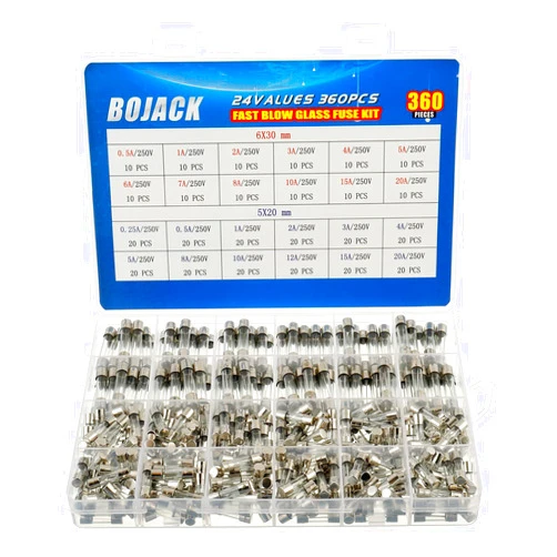 BOJACK 24 Values 360 pcs Fast-Blow Glass Fuses Assortment Kit 5x20mm 250V 0.25 0.5 1 2 3 4 5 8 10 12 15 20A 6x30mm 250V 0.5 1 2 3 4 5 6 7 8 10 15 20A amp packag in a Clear Plastic Box