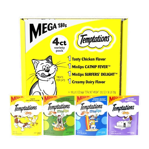 Temptations Classics and MixUps Crunchy and Soft Cat Treats Variety Mega Pack, (4) 6.3 oz. Pouches