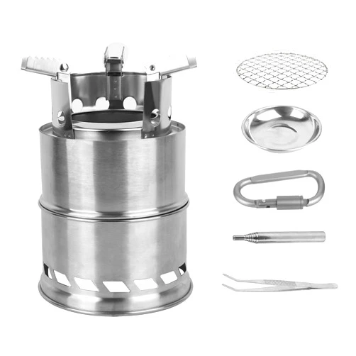 LUWOO Portable Camping Wood Stove, Stainless Steel Burning Camp Stove for Picnic, BBQ, Hiking, Mini Backpacking Survival Stove with Grill Grid Carry Bag