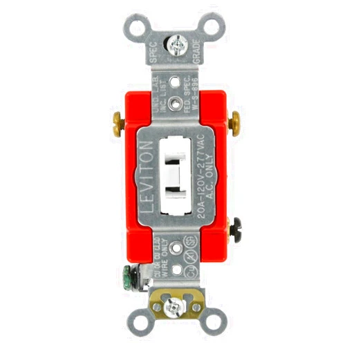 Leviton 1223-2WL 20-Amp, 120/277-Volt, Toggle Locking 3-Way AC Quiet Switch, Extra Heavy Duty Grade, Self Grounding, Back and Side Wired, White