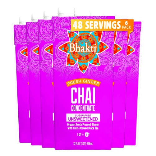 Bhakti Chai Ginger & Black Tea Concentrate | Organic, Vegan, Fair Trade, Kosher, Gluten-Free, Sugar-Free | Original (Unsweetened), 32 oz (Pack of 6)