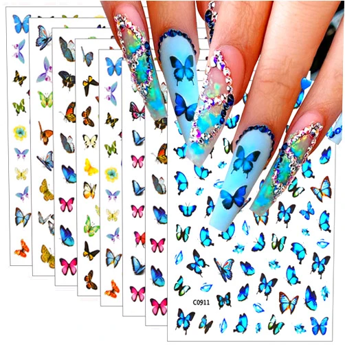 DZPGUONIZ 8 Sheets Butterfly Nail Art Stickers 3D Self Adhesive Butterfly Nail Decals Blue Black Gold Butterflies Spring Summer Design Nail Stickers for Women Girls DIY Nail Art Decoration