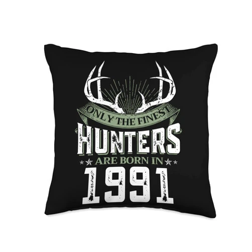 Finest Hunting Birthday Party Hunting Theme Co. 32th Birthday Deer Hunter Tee Born in 1991 32 Year Old Throw Pillow, 16x16, Multicolor
