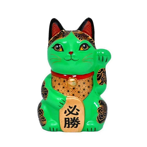 Urban Tokyo Happineko Lucky Cat 3.5 Inch Collectible Figurine, Japanese Traditional Good Luck Decor with Specific Colors for Specific Wishes (Green Achievement)