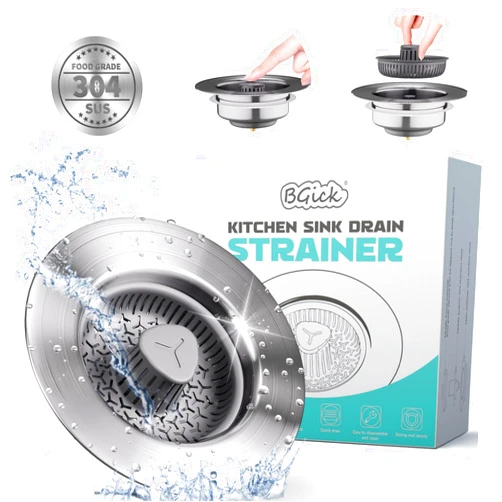 BGick Upgraded Silicone 3 in 1 Kitchen Sink Drain Strainer and Stopper Combo, 304 Stainless Steel Wraped Shell, Silicone Anti-Clogging Basket Strainer, with Handle for US Standard 3-1/2 Inch Drain
