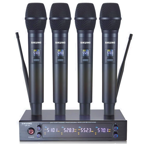 SIKUING 4 Channel UHF Wireless Microphone System with Cordless Handheld Mics, 4x50 Adjustable Frequencies, Ideal for Karaoke Meeting Church, 300ft Range (4 Handheld)