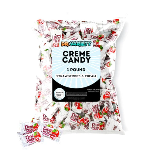 Doctor Variety Creme Saver Strawberry Bulk (1 Pound) - Strawberries and Creme Hard Candy - Pink Candy Bulk, Strawberry Candies, Individually Wrapped Hard Candy
