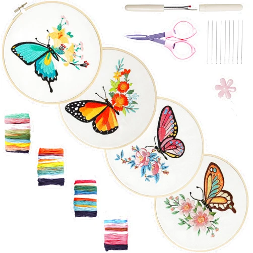 Bonroy 4 Sets Embroidery Kit for Beginners,Embroidery Kit for Art Craft Handy Sewing Include Embroidery Clothes with Pattern,Embroidery Hoops, Instructions,Color Threads Needle Kit (Butterfly)