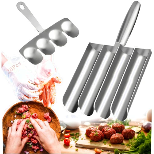 Qlonn Meatball Maker Tool, Stainless Steel Kitchen Meatball Scoop Ball Maker, Non-Stick Meat Baller Mold for Manual Meatball Lovers, Spoon with Cutting & 10 pairs Food Grade Thick Gloves (Silver, 4-in-1)