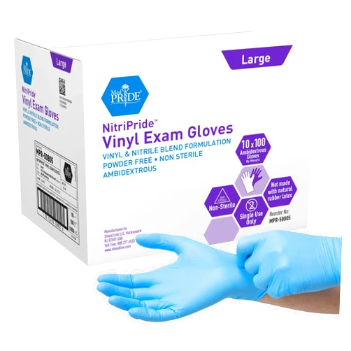 MED PRIDE NitriPride Nitrile-Vinyl Blend Exam Gloves, Large 1000 - Powder Free, Latex Free & Rubber Free - Single Use Non-Sterile Protective Gloves for Medical Use, Cooking, Cleaning & More