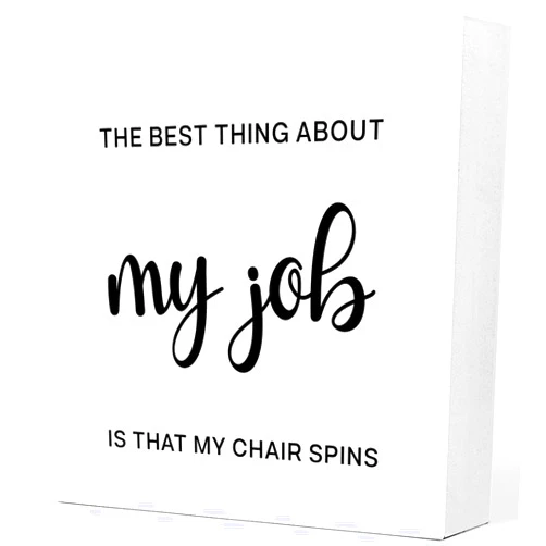 VelfDuel Funny Office Wooden Box Sign,Sarcastic Office Signs,Humorous Office Signs,Office Decorations for Work Desk,The Best Thing About my Job is That the Chair Spins Wooden Block Sign 5x5 Inch