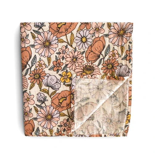 mushie Muslin Baby Swaddle Blanket | 100% Organic Cotton (Retro Flowers)