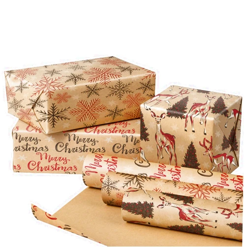 RUSPEPA Christmas Kraft Wrapping Paper Roll - Mini Roll - 17 inches x 10 feet per Roll, Total of 3 Rolls - Black Red Reindeer, Snowflake and Text