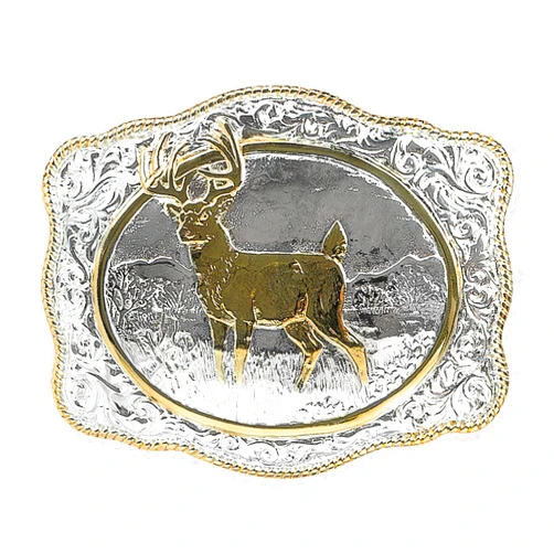 Nocona Crumrine Men's Vintage Silver and Gold Whitetail Deer Rectangle Belt Buckle