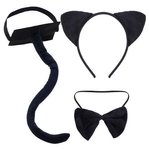 obmwang 3 Pieces Black Cat Costume Cat Ears Headband Bowtie and Tail Set Fancy Animal Cosplay for Halloween Dress Up Party