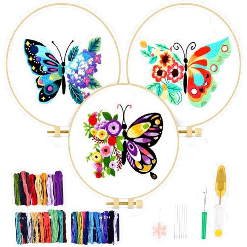 TINDTOP 3 Sets Embroidery Stitch Practice kit, Butterfly Flower Embroidery Kit for Beginners Include Cloth Hoops Threads for Craft Lover Hand Stitch with Embroidery Skill Techniques