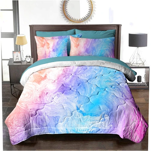 BlessLiving Pink Tie Dye Comforter Bed in A Bag 8 Pieces Queen Colorful Marble Comforter Sets - 1 Comforter, 2 Pillow Shams, 1 Flat Sheet, 1 Fitted Sheet, 1 Cushion Cover, 2 Pillowcases - Blue Purple