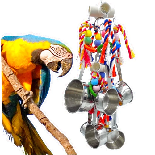 GILYGI New Upgraded Pots and Multicolored Ring Toys, Pullable 8 Stainless Steel Cups and 8 Wooden Ring Toys for Large and Extra Large Parrot Amazons Macaws African Greys Cockatoos