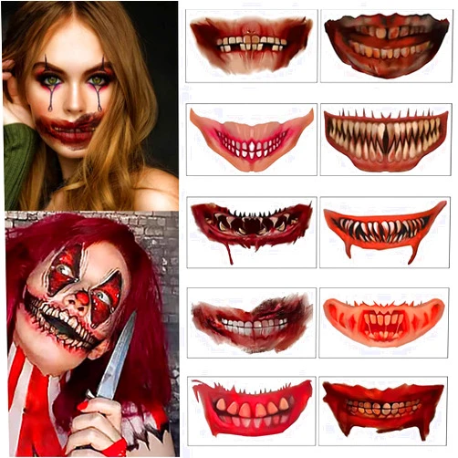 Gosarhey Halloween Prank Makeup Temporary Tattoo Halloween Clown Horror Big Mouth Tattoo Stickers for Kids Adult Halloween Cosplay Party Decorations 10PCS
