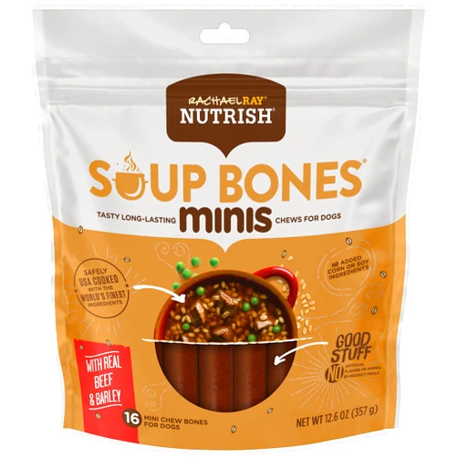 Nutrish Rachael Ray Soup Bones Minis Dog Chews with Real Beef & Barley, 16 Chews, 12.6 oz Pouch (Pack of 6)