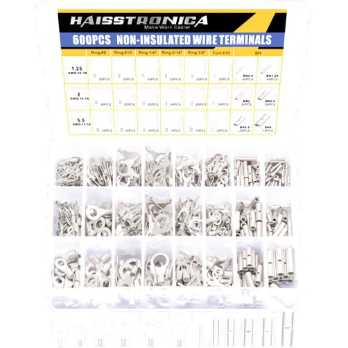 haisstronica 600PCS Non Insulated Ring Terminal Kit,AWG 22-10 Seamless Uninsulated Butt Splice Wire Terminals Assortment,Wire Crimp Connectors