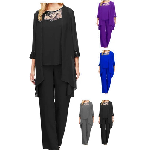 Generic 3 Piece Suit Sets for Women Crew Neck Lace Tank Top High Waist Pants Matching Sets Mother Of The Bride for Wedding