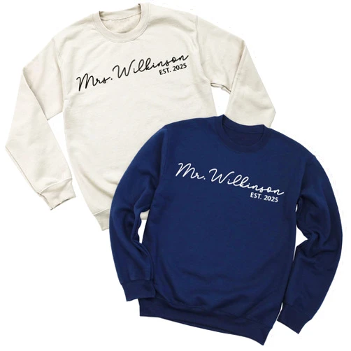 Custom Personalized Mrs Sweatshirt, Wedding Gift with Est Date, Cute Honeymoon Outfit, Newly Women and Men Engaged Sweater, Future Mr Sweatshirt, Wifey Hubby Tops, Honeymoon Pajamas
