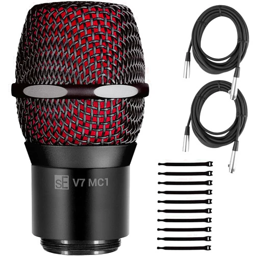 Briskdrop sE Electronics V7 MC1 Capsule for Shure Wireless Transmitters, Black - Bundle with 2 XLR Cables and 10 Cable Ties, MC1Blk-2XLR