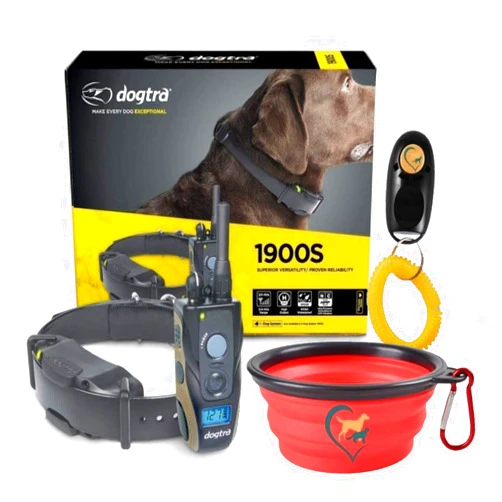 Dogtra 1900S Remote Dog Training Collar - 3/4 Mile Range, Waterproof, Rechargeable, Vibration - includes Essential Pet Products Dog Training Clicker and Collapsible Food and Water Bowl