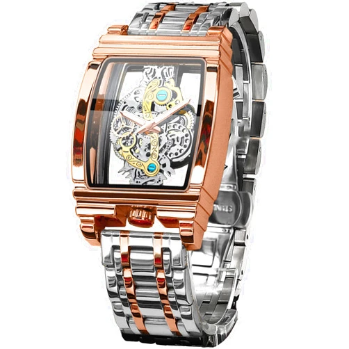FORSINING Men's Luxury Hollow Skeleton Watch Retro Gorgeous Gear Carving Design Rectangle Tonneau Large Dial Leather Belt & Stainless Steel Band Quartz Wristwatch Not Mechanical Watches