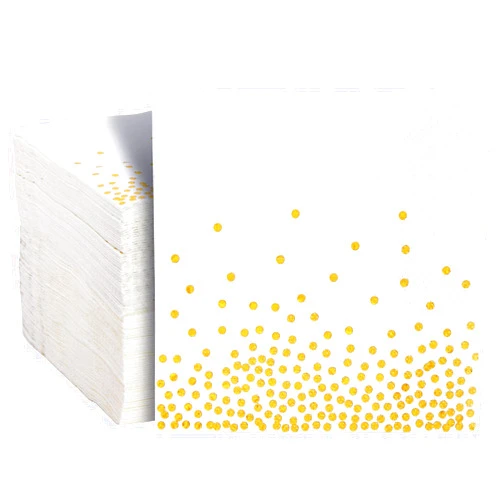 Juvale 100 Pack Disposable White and Gold Paper Cocktail Napkins for Wedding Reception, Polka Dot Party Supplies (5 x 5 In)