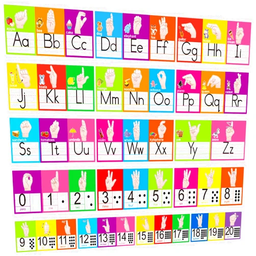 OUNENO ASL Alphabet Number Line Set ABC Number 0-20 American Sign Language Alphabet Numbers Cards Posters Bulletin Board Wall Decorations for Pre-School Kindergarten Elementary Sign Language Classroom Nursery Homeschool