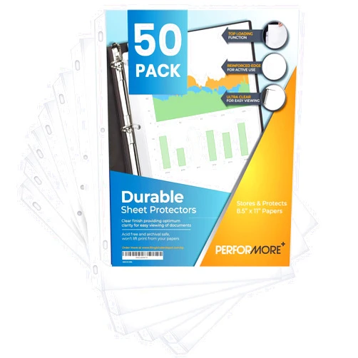 Performore 50 Sheet Protectors, Durable Clear Page 8.5 X 11 Inch for 3 Ring Binder, Plastic Sheet Sleeves, Durable Top Loading Paper Protector with Reinforced Holes, Archival Safe