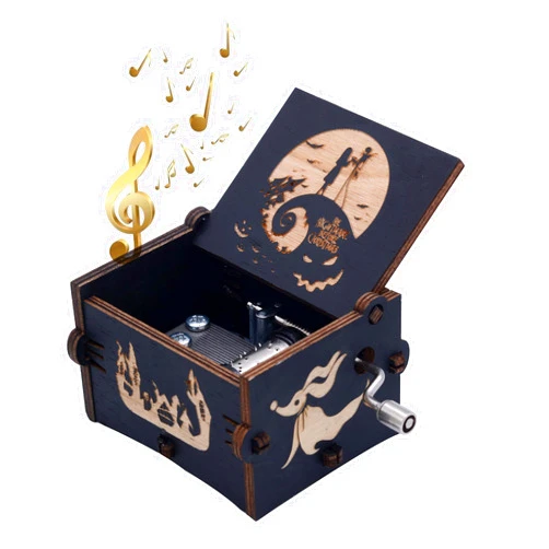 Keast Funny Wooden Hand Crank Music Box, Engraving Nightmare Musical Box Melody Plays This is Halloween Home Decor for Halloween Valentine's Day Christmas