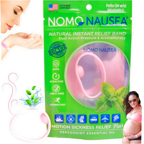 NOMO Nausea Relief Wristband for Pregnancy | Motion Sickness Band with Peppermint Aromatherapy and Acupressure | 30-Second Nausea Relief Band | Petite to Small | Pink | Pack of 2