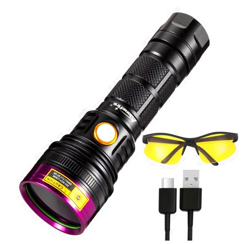 ALONEFIRE SV18 12W 365nm UV Flashlight USB Rechargeable Ultraviolet Blacklight Pet Urine Detector for Resin Curing, Fishing, Minerals, Scorpion with UV Protective Glasses, Battery Included
