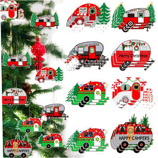 Geosar 24 Pieces Christmas Camper Ornaments Christmas Wooden Ornaments Camper Decorations Red and White Happy Camper Rv Trailer Camping Decoration Rv Gifts for Xmas Tree Party Decors (Stylish)