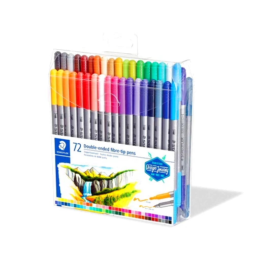 STAEDTLER 3200 TB72 Design Journey Double-Ended Fibre-Tip Pens with Two Nibs - Narrow and Wide, Pack of 72