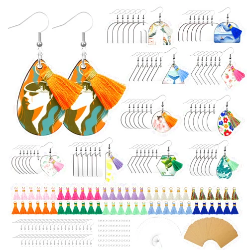BEDSIFV Sublimation Earring Blanks Bulk - 60pcs Sublimation Earring Blanks 10 Shapes with Tassels, Earring Hooks, Jump Rings, Cardboard Holders, Clear Bags, Designed Earrings Making Supplies