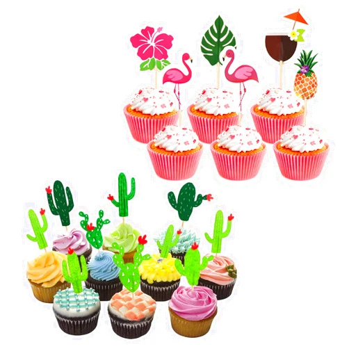 HOKPA 24Pcs Cactus Cupcake Toppers 48Pcs Hawaiian Cupcake Toppers for Summer Hawaii Theme Party Decor Hawaii Luau Summer Beach Party Favors Baby Shower
