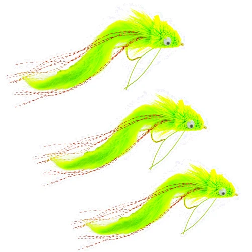 The Fly Fishing Place Chartreuse Bunny Diver Bass Bugs - Fly Fishing Diving Flies - Set of 3 Flies Hook Size 4