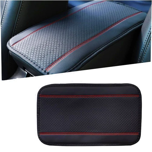 Flygun 1 PC Four Seasons Universal Armrest Box Mat, 12.5In x 7.4In Fiber Leather Embossing, Comfortable Waterproof Car Armrest Cover Mat, Universal Center Console Mat for Most Cars (Black & Red)