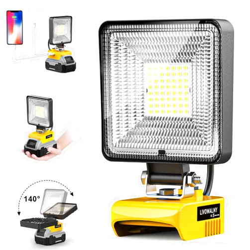 LIVOWALNY 20v Max Led Work Light for Dewalt 20v Battery, 30W 3000LM Cordless Battery Light, Flood Light Flashlight Tools 140° Adjustable Head with USB & Type C Charging Port (No Battery)