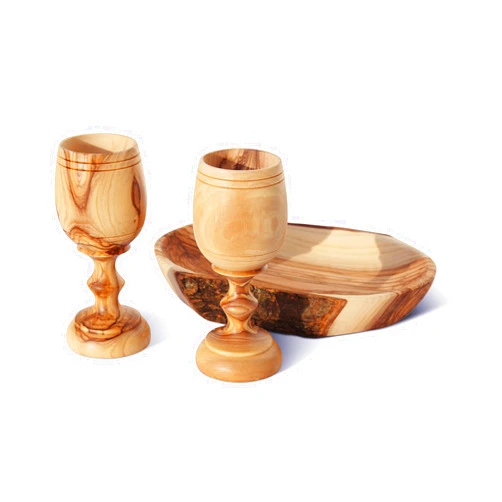 THE JERUSALEM GIFT SHOP SINCE 2004 2 Small Communion Cups With Natural Wooden Bread Plate. Hand Carved Kiddush Cup from Olive wood - for Church, Ministry & Worship events with Certificate of Origin.