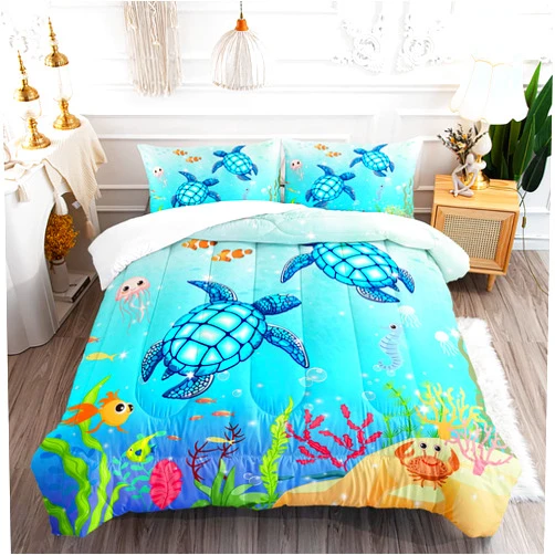XYNHML Turtle Comforter Set Twin Ocean Watercolor Sea Turtle Bedding Set Nautical Sea Animal Reptile Bed Set with 2 Pillowcases for Kids Room Decor
