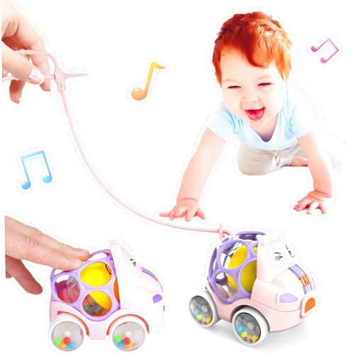 ZMZS Pink Toy Car for 6-12 Months Baby Girl Gifts, Soft Rattle & Roll Cars for 12-18 Months Infant Girls, Push Cars for Toddler 1-3 with Toy Strap, Taxi Truck for Babies Boys 1 2 3 Yr Birthday Gift