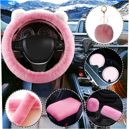 ZWZCYZ Cute Fluffy Steering Wheel Cover Sets,ZWZCYZ Bear Lovely Fuzzy Plush Steering Wheel Cover for Women Girls,Furry Car Steering Wheel Cover,Fluffy Car Accessories Pack of 9
