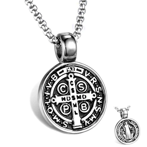 AZFVBQL St Benedict Exorcism Medal Pendant Necklace Men's Stainless Steel Catholic Roman Cross Demon Protection Ghost Hunter Religion Jewelry (silver-1)